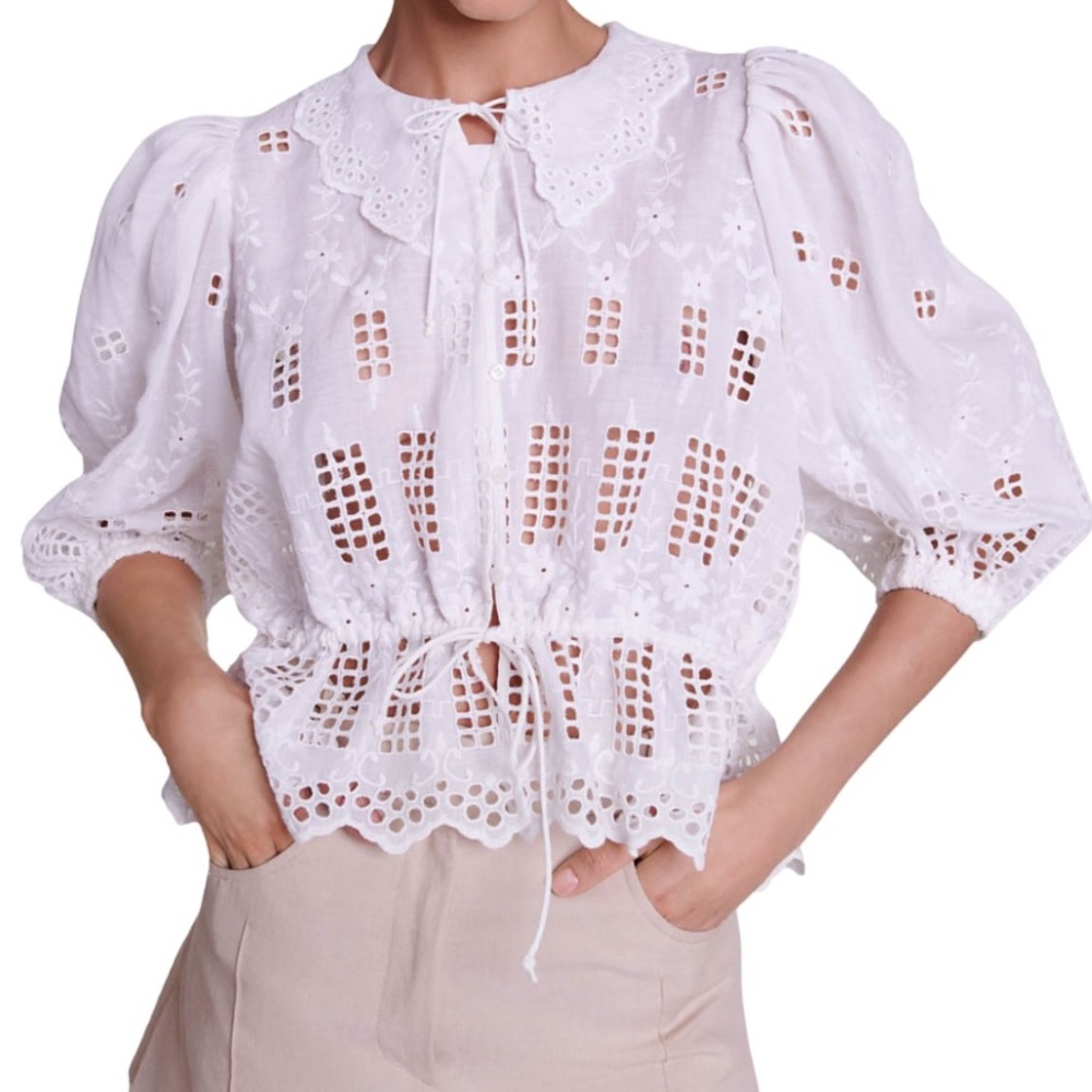 Maje White Eyelet Lace-Up Puff Sleeve Blouse Catania